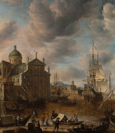 Välimeren "capriccio"-satama, jossa hahmot keskustelevat laiturilla ja hollantilainen kolmen päällikön ankkurointi takana, 1665 tekijältä Jan Beerstraten