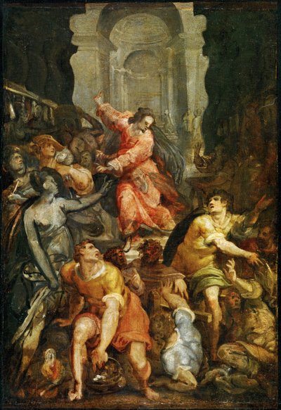 Jeesus karkottaa kauppiaat temppelistä (maalaus poppelipuulle) tekijältä Jan Both