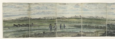 Panoraama Hottentots Hollannista Kaapsche Bergen Kapilta pohjoiseen ulottuen Baay Falsista Tygerbergiin vastapäätä. 1787 (otsikko esineessä) tekijältä Jan Brandes
