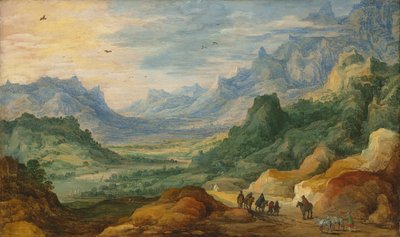 Vuoristoinen maisema matkailijoiden ja paimenten polulla tekijältä Jan Brueghel the Elder