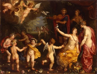 Allegoria rakkaudesta: Venus pitelee kyyhkysparia, Ceres, Apollo ja Diana, tanssivan putin ympäröimänä maisemassa tekijältä Jan Brueghel the Elder