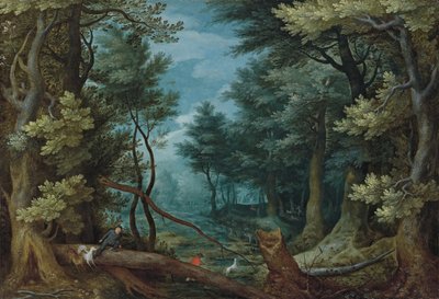 Metsämaisema, jossa metsästäjät jahtaavat hirveä. tekijältä Jan Brueghel the Elder
