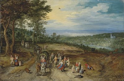 Laaja metsäinen maisema, jonka etualalla kulkijat kulkevat tiellä ja talonpojat tanssivat / Landscape with Travellers and Peasants on a Track (Maisema, jossa kulkijoita ja talonpoikia kulkee tiellä) tekijältä Jan Brueghel the Elder