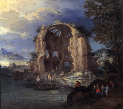 Rannikkomaisema, jossa on kalastajia ja Minerva Medican temppelin rauniot. tekijältä Jan Brueghel the Elder