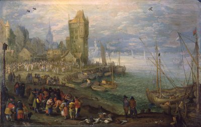 Hollanti: Kalamarkkinat sataman lähellä Kalamarkkinat sataman lähellä tekijältä Jan Brueghel the Elder