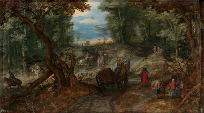 Metsä, jossa kärryt ylittävät puroa ja ratsastajia tekijältä Jan Brueghel the Elder