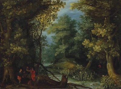 Metsästäjät ja koirat puron varrella metsäisessä maisemassa tekijältä Jan Brueghel the Elder
