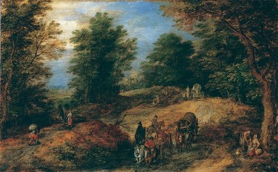 Maisema matkustajien kanssa metsäpolulla, n. 1607. tekijältä Jan Brueghel the Elder