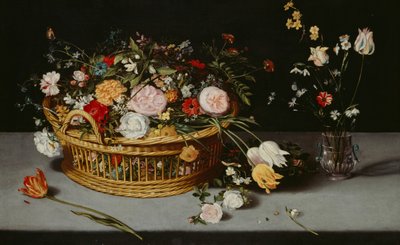 "Asetelma korin ja kukkamaljakon kanssa", c1620. tekijältä Jan Brueghel the Younger