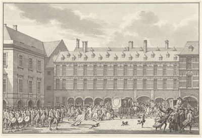 Häiriöt kun Dordrechtin edustajat ajavat Stadhouderspoortin läpi Binnenhofissa, 1786 tekijältä Jan Bulthuis