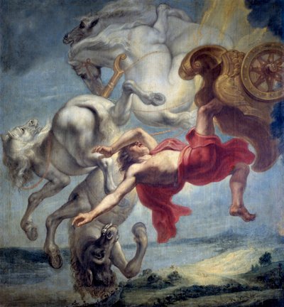 Phaetonin kaatuminen: ei pysty hallitsemaan Heliosin vaunuja, Zeus iskee Phaetonin (Phaethon) ja putoaa Eridan-jokeen (Phaetonin kaatuminen) - Jan Carel van Eyckin maalaus (1649-noin 1690), Öljy kankaalle, 1600-luvun loppu, koko: 197x18 tekijältä Jan Carel van Eyck