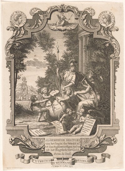 Kartussi, jossa on allegoria Kreikan historiasta Nimisivu: Kornelis Westerbaen, Algemeene histori, 1742 tekijältä Jan Caspar Philips
