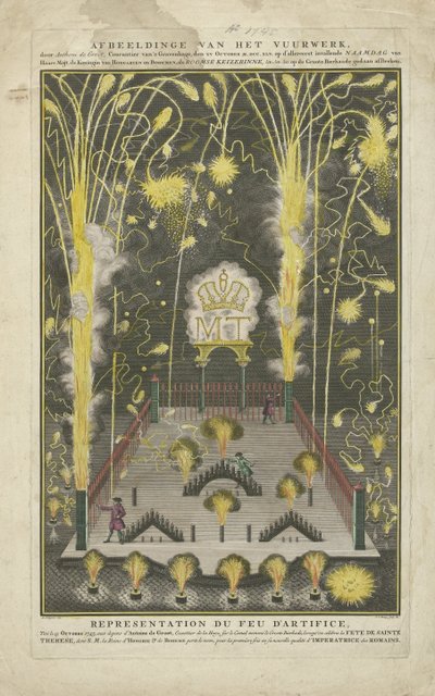 Anthoni de Grootin tilauksesta ilotulitus syntyi 15. lokakuuta 1745, Maria Theresan nimipäivänä Ilotulitteiden kuvaus, Anthoni de Groot, Courantier van The Haag, XV lokakuu MDCCXLV Haaren nimipäivän ensimmäisenä tapahtumana tekijältä Jan Caspar Philips