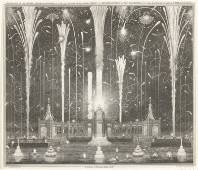 Ilotulitus Haagissa Aachenin rauhan puolesta, 1749 Kuvaus ilotulituksesta, ammuttu Haagissa 13. kesäkuuta 1749, käyttänyt den Aakensche Vreede / Representation du feu d