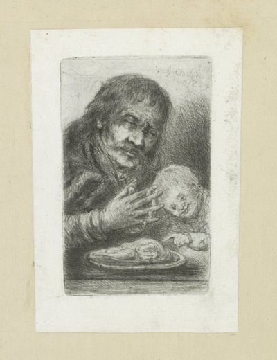 Man in kind aan de eettafel John Chalonin etsausten täydellinen työ / Oeuvre Complette des Eaux Fortes par Jean Chalon (sarjan nimi) tekijältä Jan Chalon
