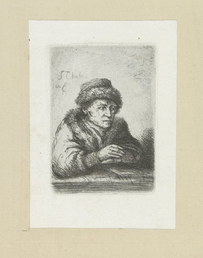 Volwassen man aan een tafel, bontmantelissa John Chalonin etsausten täydellinen työ / Oeuvre Complette des Eaux Fortes par Jean Chalon (sarjan nimi) tekijältä Jan Chalon