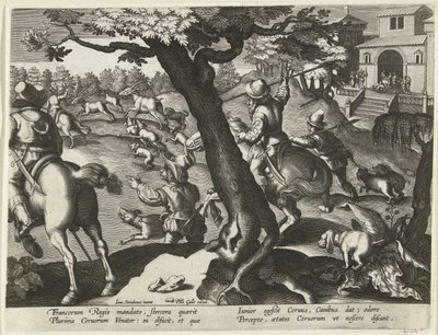 Hertenjacht met honden Jachttaferelen (sarjan nimi) Villiriistan, lintujen ja kalojen metsästys Bestiaryssa (sarjan nimi) tekijältä Jan Collaert (II) (attributed to)