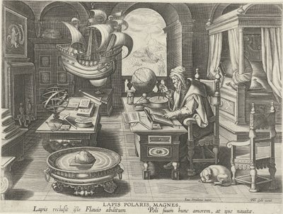 Kompassin keksintö Lapis Polaris, Magnes (otsikko esineessä) Uusia keksintöjä ja löytöjä (sarjan nimi) Nova Reperta (sarjan nimi) tekijältä Jan Collaert (II) (attributed to)