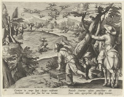Jacht op kraaien en spreeuwen Jachttaferelen (sarjan nimi) Villiriistan, lintujen ja kalojen metsästys Bestiaryssa (sarjan nimi) tekijältä Jan Collaert (II)