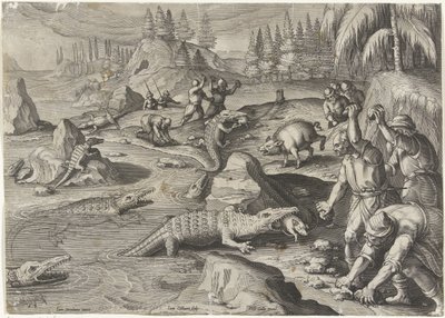 Krokodillenvangst Jachttaferelen (sarjan nimi) Villiriistan, lintujen ja kalojen metsästys Bestiaryssa (sarjan nimi) tekijältä Jan Collaert (II)