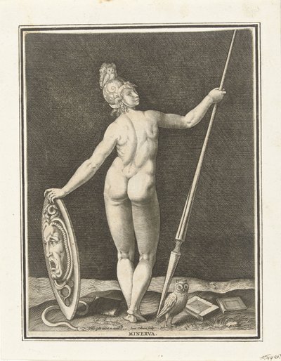 Minerva (otsikko esineessä) Pariisin tuomio (sarjan nimi) tekijältä Jan Collaert (II)