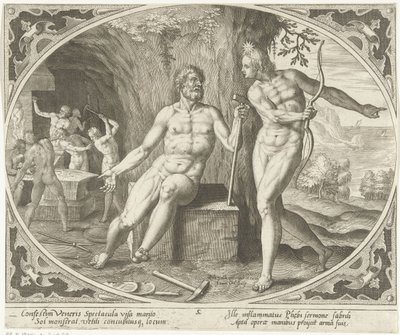Phoebus ilmoittaa Vulcanille aviorikoksesta Venus ja Mars (sarjan nimi) tekijältä Jan Collaert (II)