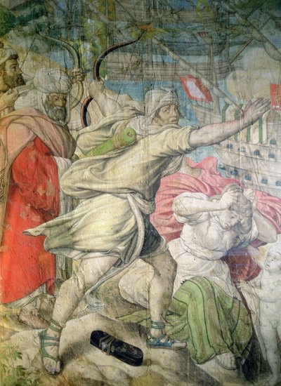 Kaarle V:n kampanja turkkilaisia vastaan, yksityiskohta jousiampujasta La Golettan vangitsemisesta, 1535 (hiili ja wc paperilla) tekijältä Jan Cornelisz Vermeyen