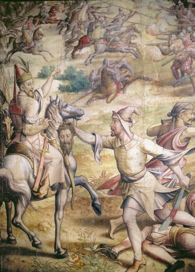 Keisari Kaarle V:n 1500-58 kampanja turkkilaisia vastaan Tunisissa vuonna 1535: Golettan valloitus, yksityiskohta jalkaväen sotilaasta, joka pitää ruumiillista päätä, piirroskuva gobeliiniin hiiltä ja wc:tä paperille. tekijältä Jan Cornelisz Vermeyen
