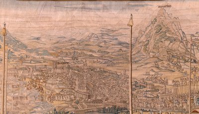 Flanderin kuvakudos. Sarja Tunisin valloitus; Barcelonan joukkojen katsaus (La revista de las tropas en Barcelona). Sarjan toinen kuvakudos. Malli Jan Vermeyen ja Pieter Coecke van Aelst. 1543-1548. Valmistus Real Fábrica de Tapices de Sant tekijältä Jan Cornelisz Vermeyen