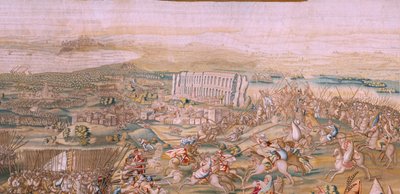 Flanderin kuvakudos. Sarja Tunisin valloitus. Hyökkäys La Goletaan (Ataque a la Goleta). Sarjan neljäs kuvakudos. Malli Jan Vermeyen ja Pieter Coecke van Aelst. 1543-1548. Valmistus Real Fábrica de Tapices de Santa Bárbara, Madrid tekijältä Jan Cornelisz Vermeyen
