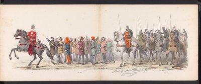 Leidenin opiskelijoiden naamiaiset, 1865 (levy 15) Leidenin opiskelijakunnan jäsenten pukukulkue 6. kesäkuuta 1865 Leidsche Hoogeschoolin 290-vuotisjuhlan kunniaksi, kuvassa: hollantilaisten b. tekijältä Jan Daniël Cornelis Carel Willem baron de Constant Rebecque