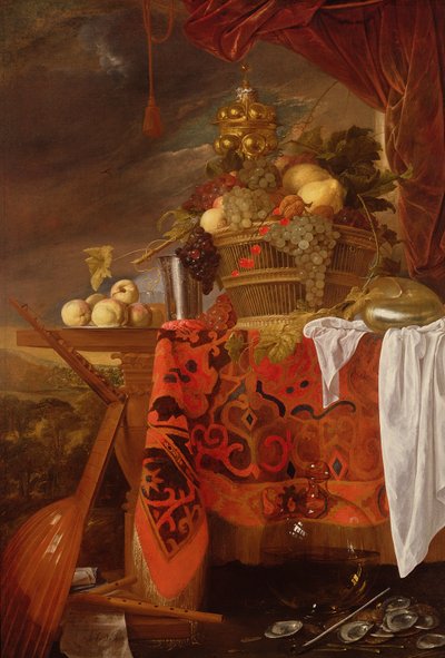 Kori sekahedelmiä kullatulla kupilla, hopeamaljalla, Nautiluksella, lasilla ja persikoilla lautasella tekijältä Jan Davidsz de Heem