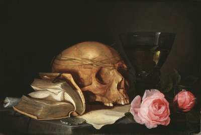 Vanitas-asetelma, jossa on pääkallo, kirja ja ruusut, n. 1630 tekijältä Jan Davidsz de Heem