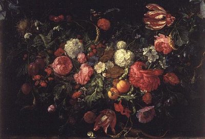 Kukkien ja hedelmien asetelma tekijältä Jan Davidsz de Heem