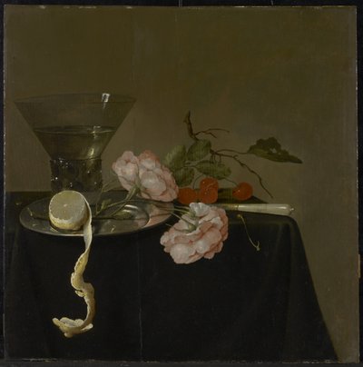 Asetelma juomalasilla, hedelmillä ja ruusuilla, n. 1632-34 tekijältä Jan Davidsz de Heem