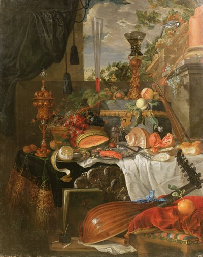Ruoan asetelma ja soittimet tekijältä Jan Davidsz de Heem