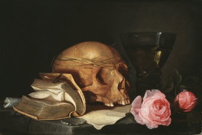Vanitas asetelma pääkallolla, kirja ja ruusut - Vanitas asetelma pääkallolla, kirja ja ruusut, kirjoittanut Heem, Jan Davidsz. / tekijältä Jan Davidsz de Heem