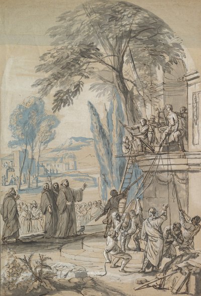 Benedictus Nursian määräsi tuhoamaan Apollon temppelin Montessa..., 17. puoliväli - 18. luvun alku tekijältä Jan Erasmus Quellinus