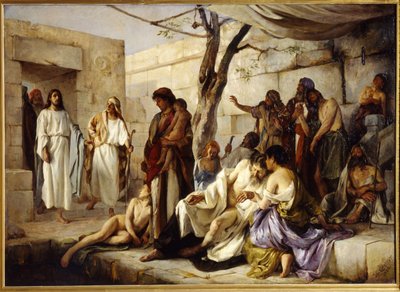 Ihme Bethesdan altaalla. Beth Zetasta (Israel) Jerusalemiin johtavan tien varrella sijaitseva Jeesus Kristus lähestyy altaaa, jossa halvaantuneet kokoontuvat ja parantaa ihmeen avulla sairaan. Maalaus Jan tekijältä Jan Franzevich Cloginsky
