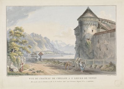Näkymä Chillon kasteelin linnalle Vue du Chateau de Chillon à 2 lieues de Vevey (otsikko esineessä) tekijältä Jan Gerard Waldorp