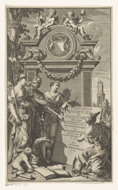 Oikeus opettaa Utrechtin lakeja Puku Usantien ja Utrechtin kaupungin poliisi (nimi esineessä) Nimisivu teokselle Willem Van der Meulen, Costumen, usantien, policien ende style van literen, der Stadt Utrecht, 1709 tekijältä Jan Goeree