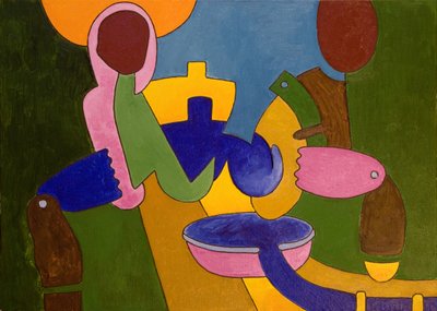 Pari talonpoikia valmistamassa illallista, 2007 (öljy kankaalle) tekijältä Jan Groneberg