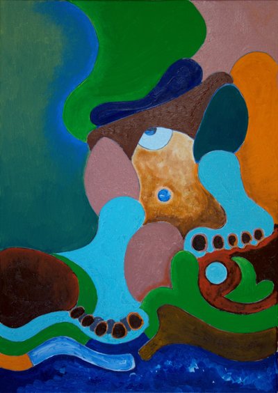 Kovan lyönnin jälkeen jättiläinen pesee haavansa kaivolla, 2009 (öljy kankaalle) tekijältä Jan Groneberg