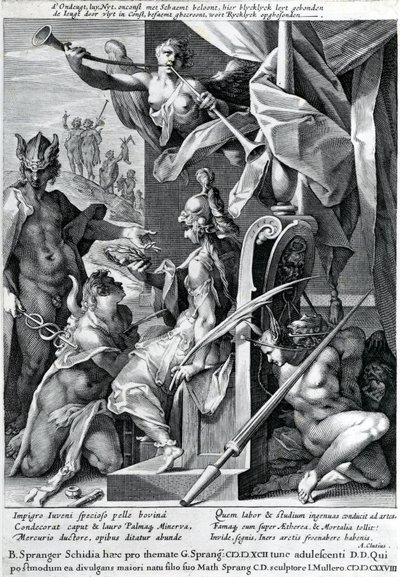 Merkurius ja Minerva varustavat sankaria härän nahalla ja laakeriseppeleellä, 1604. tekijältä Jan Harmensz Muller