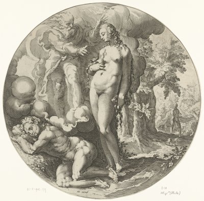 Kuudes luomispäivä: Ihmisen luominen Dies VI (otsikko esineessä) Creation of the World (sarjan nimi) tekijältä Jan Harmensz. Muller