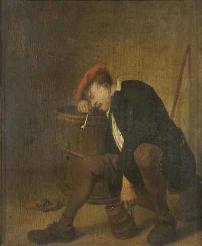 Mies nukkuu (öljy paneelissa) tekijältä Jan Havicksz (school of) Steen