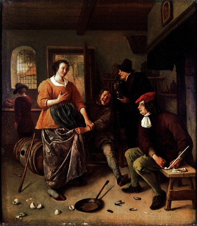Rikkoutuneet munat (majatalon sisällä). Ryhmä iloisia hahmoja hollantilaisessa keittiössä. Mies nostaa naisen hametta on maalarin omakuva. Jan Havickszoon Steenin maalaus (1625/6-1679) 1665-1670 Sun. 43x38 cm Lontoo, National Gallery - The Inte tekijältä Jan Havicksz. Steen