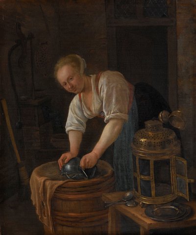 Nainen hankaamassa metalliesineitä tekijältä Jan Havicksz. Steen