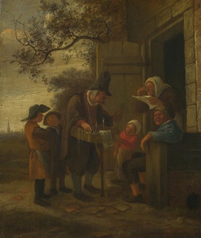 Pedlar myy silmälaseja mökin ulkopuolella, c. 1653 tekijältä Jan Havickszoon Steen