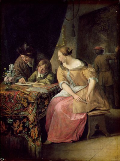 Sisustus maalarin ja hänen perheensä kanssa, n. 1670 (paneeli) tekijältä Jan Havickszoon Steen